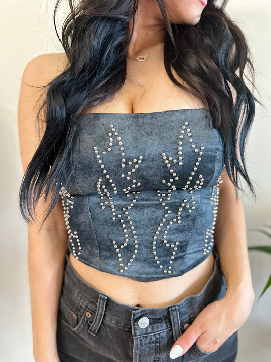 Beckee D Vegan Leather Rhinestone Corset Top