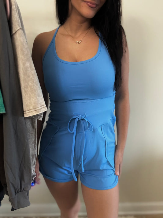 Sporty Crossed Back Romper - Blue