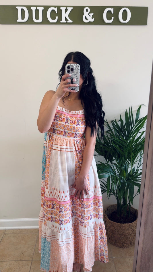 Boho Patchwork Square Neck Sundress