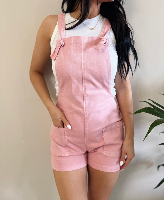 Pink Denim Romper With Pockets