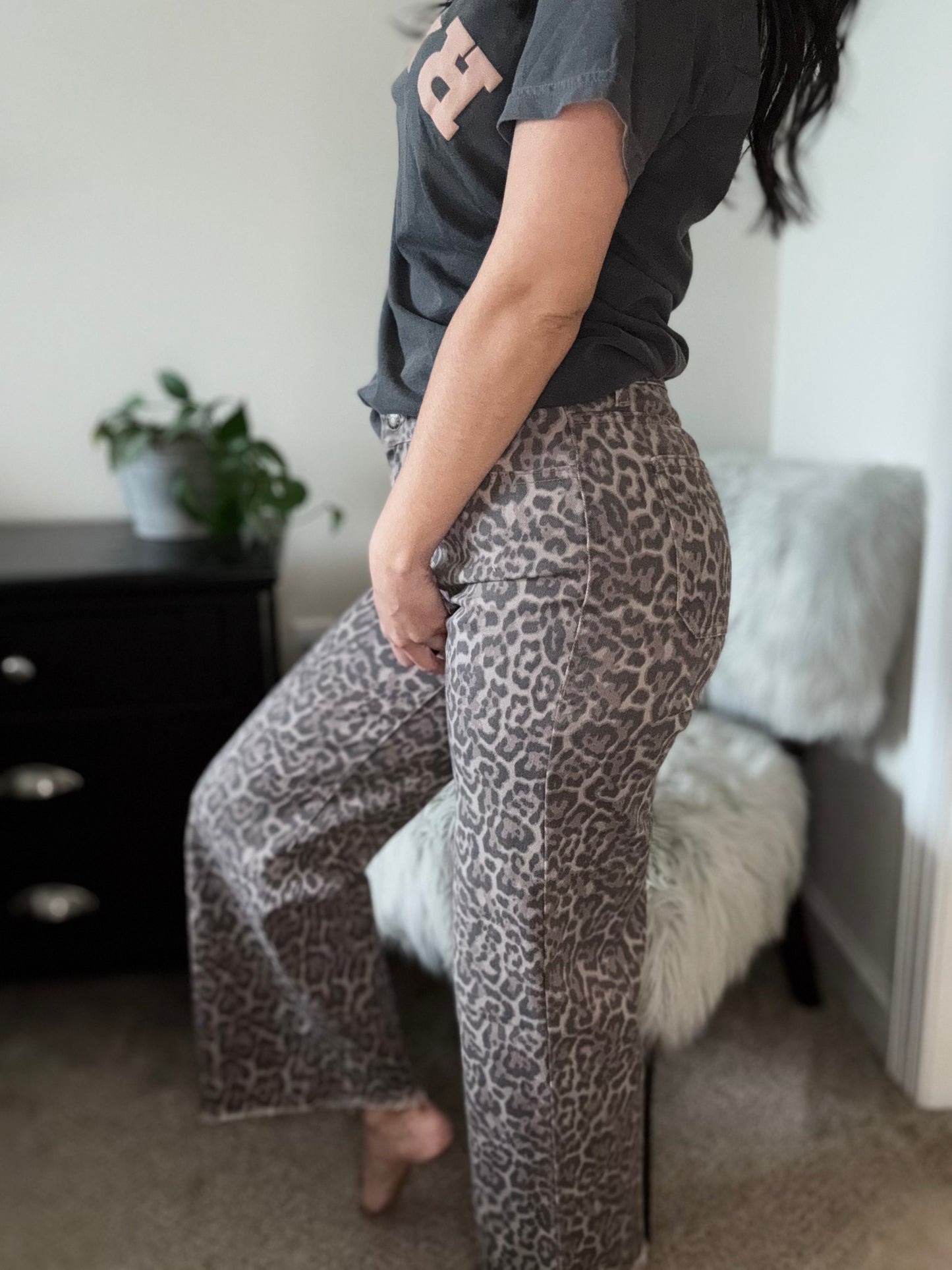 Brown Leopard Frayed Edge Wide Leg High Waist Jeans