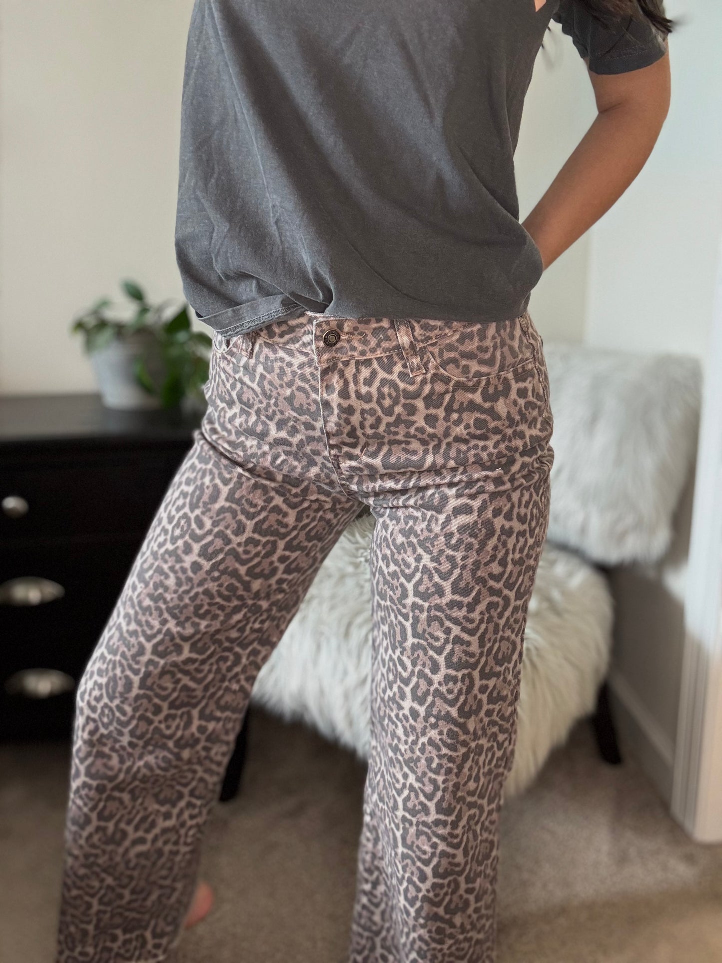 Brown Leopard Frayed Edge Wide Leg High Waist Jeans