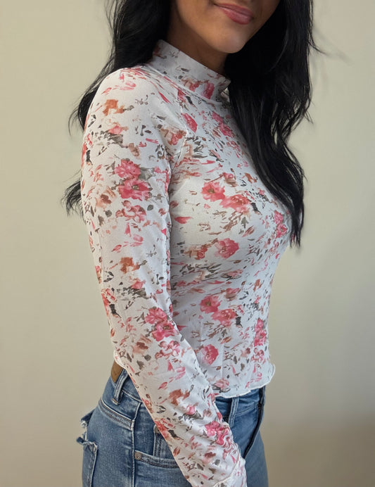 High Neck Floral Mesh Long Sleeve