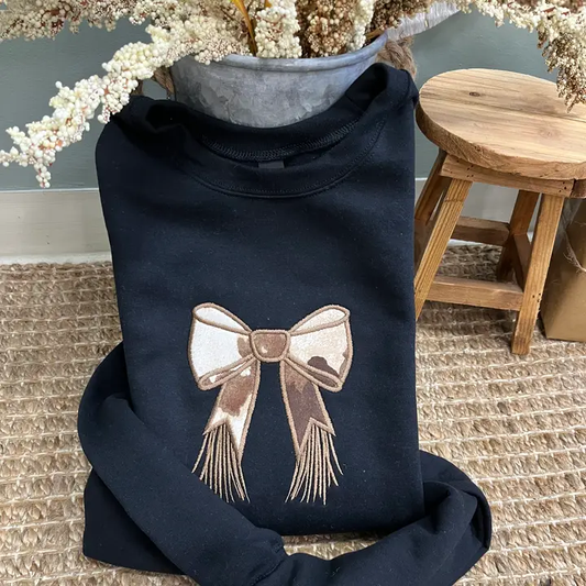 Cowhide Bow Fringe Embroidered Sweatshirt