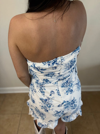 Blue Floral Strapless Ruffled Romper