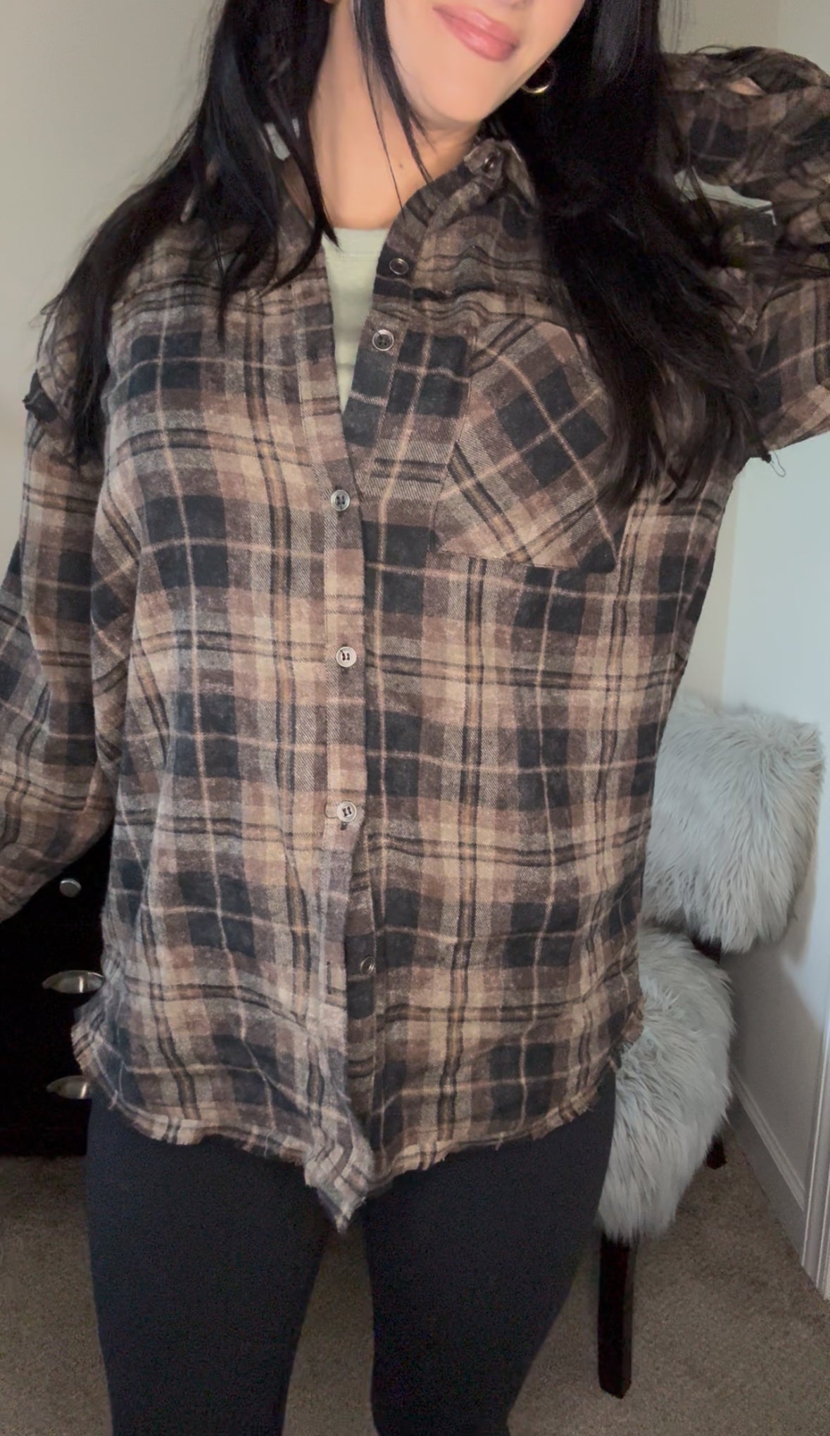 Plaid Flannel Shirt w/ Frayed Detail