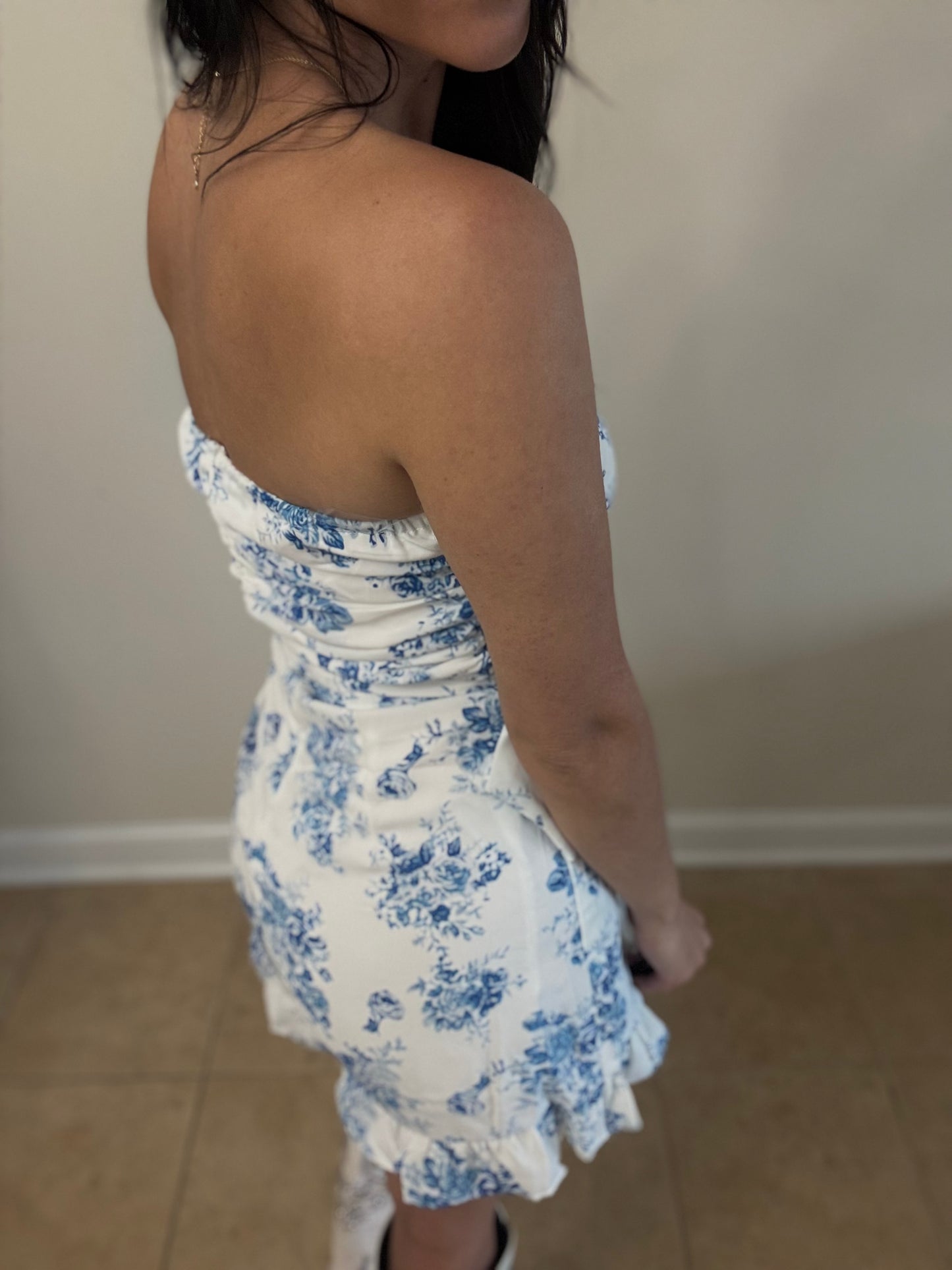 Blue Floral Strapless Ruffled Romper