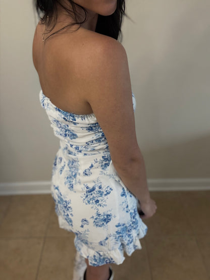 Blue Floral Strapless Ruffled Romper
