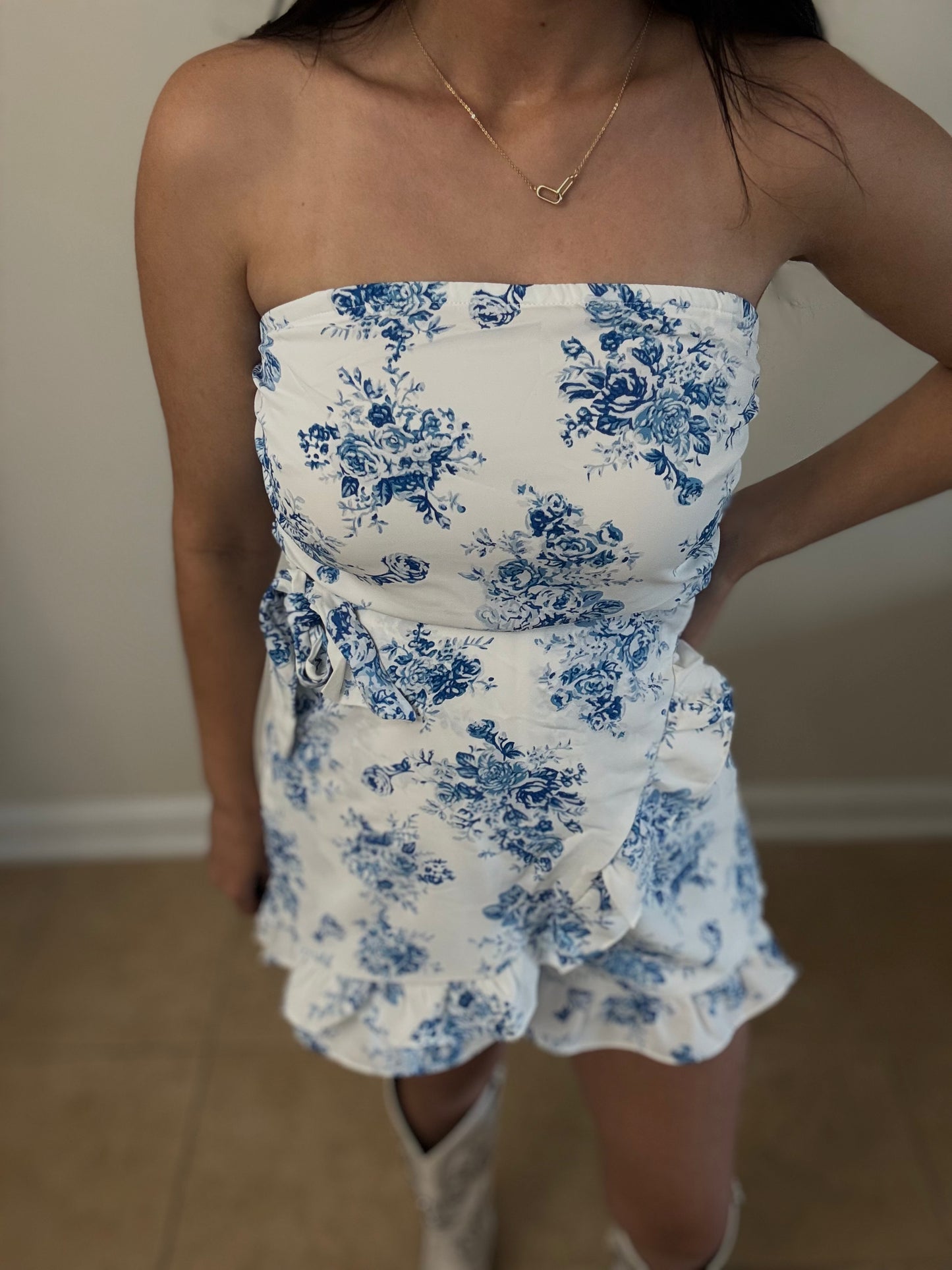 Blue Floral Strapless Ruffled Romper