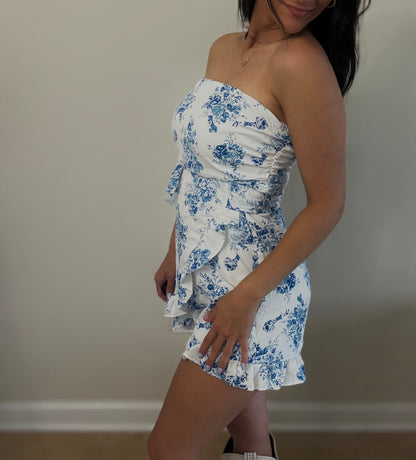 Blue Floral Strapless Ruffled Romper